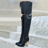 Lace Up Hollow Upper Buckles Black Over Knee Women Boots 10cm Cut Out High Chunky Heel Long Booties Fashion Show Shoes