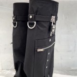 Cloth Overlay Knee High Pockets Pants Boots Women Wedge Heels Shoes Folded Over Upper Pointed toe Metal Shark Lock Booties