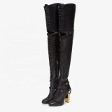 Lace Up Hollow Upper Buckles Black Over Knee Women Boots 10cm Cut Out High Chunky Heel Long Booties Fashion Show Shoes
