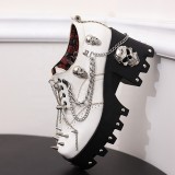 Large Size 46 Rocky Style Metal Skull Decor Pumps Fashion Rivets Chunky Heels Shoes Women Lace Up Chain Causal Booties