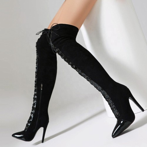 Large Size 48 Lace up Stretchy Thigh High Boots Women's Stiletto Over-knee Long Booties Thin Heels Wide Leg Fit