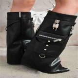 Latest design pleated pocket ankle boots chunky flats for women covered mid-calf ankle boots