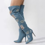 Big Size 44 Women Distressed Denim Over Knee High Boots Ladies Skinny Heels Thigh High Shoes Rhinestone Lips Jeans Long Booties