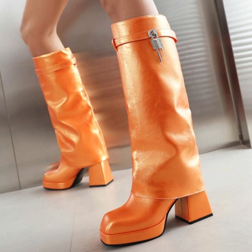 Bright Color Wide Fit Large Size 48 Women Square Toe Overlay Shoes Lady Lock Shark Booties Chunky Heels Knee High Boots
