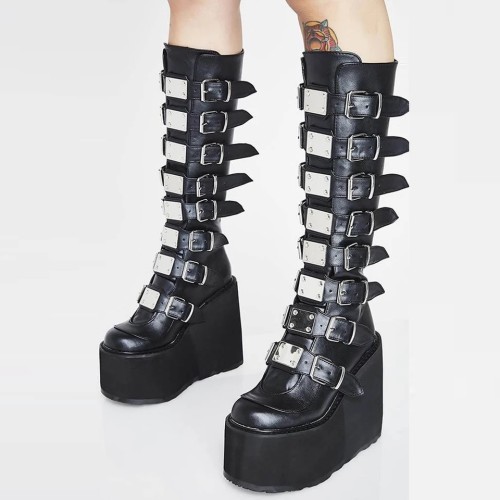 Punk Gothic Classic Black High Heel boots Women Cosplay cool girl shoes Winter Long Tube PU Leather Knight chunky platform Boots