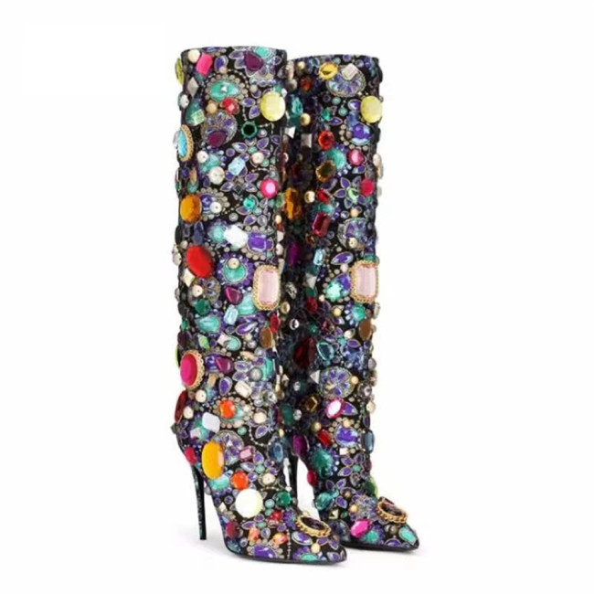 Newest Women Multi Color Glitter High Heels Boots Ladies Pointed Toe Side Zipper Shoes