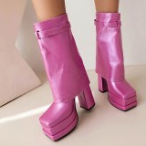 Women's Large Size 48 Overlay Ankle Booty Ladies Metal Shark Lock Folded Chunky Heels Shoes Short Platform Booties