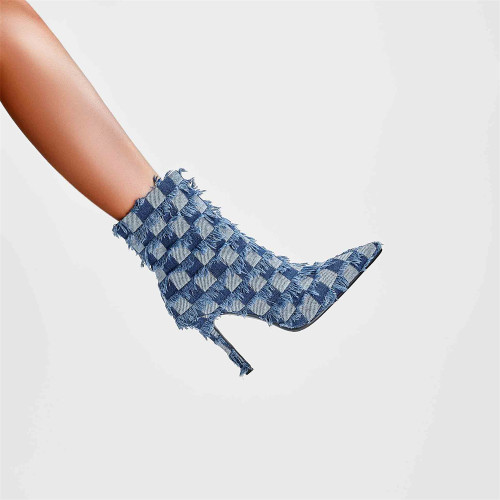 2023 Large size autumn new short women's boots plaid raw edge pointed toe stiletto high heel denim ankle boots for lady