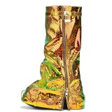 Colorful Gold Big Size 48 Women Round Toe Overlay Shoes Lady Lock Shark Wedges Long Booties Zipper Thick Soles Knee High Boots
