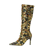 Colorful Diamonds Women's Knee High Boots Pointed Toe Metal Decor Glitter Long Booties Embroidered Slip On Stiletto Heels