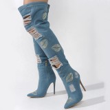 Big Size 44 Women Distressed Denim Over Knee High Boots Ladies Skinny Heels Thigh High Shoes Rhinestone Lips Jeans Long Booties