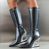 Women's Tiger Teeth Shape Heels Knee High Boots Ladies Animals Prints Shoes Wedge Heel Side Zipper Solid Long Booties