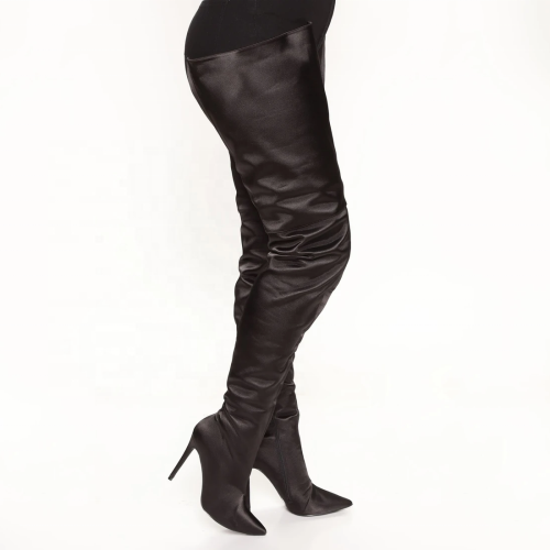 Western Style High Top Smooth Satin Upper Women Over Knee High Boots Side Zip Stiletto Lady Pointed Toe Thigh High Long Booties
