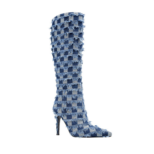 New Designed Pointy Checkered Tassel Denim Stiletto Heel Ankle Boots Super High Heel Side Zipper-Up Fashion Boots For Women