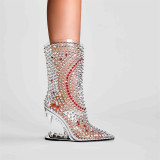 2023 Spring New Fashion Hot Drill Shiny Diamond Rhinestone Mesh Sexy Net Women Thin High Heel Short Ankle Boots