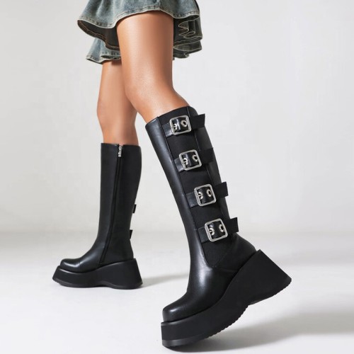 Metal Buckles Wedge Heels Women Knee High Boots Thick Sole Round Toe Mid Calf Booties Slip On Patent Platform Shoes