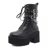 Full Stock Gothic Women Tall Boots Black Leather 8.5cm Chunky High Platform Women Punk Boots With Side Zipper