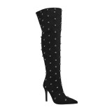 New Designed Pointy Stiletto Heel Thigh-High Boots Super High Heel Round Bead Rivets Fashion Over The Knee Boots For Women