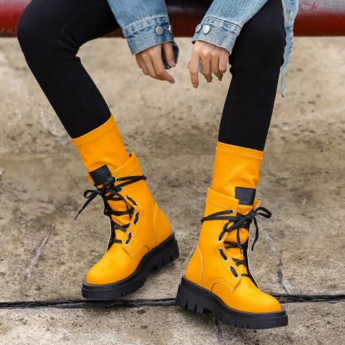 Yellow Stretchy Upper Flat Heels Shoes Women Lace Up Leisure Ankle Booties Back Zipper Cow Leather Calf Short Boots