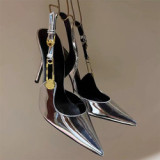 Mirror Patent Women Crystal Diamonds Stiletto High Heels Sandals Metal Buckle Slingback Ladies Summer Dress Shoes