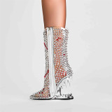 2023 Spring New Fashion Hot Drill Shiny Diamond Rhinestone Mesh Sexy Net Women Thin High Heel Short Ankle Boots