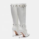 New Trending Silver Side Zipper Women's Knee High Boots Pointed Toe Metal Studded Cross Straps Long Booties Stiletto Heel Denim