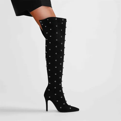 New Designed Pointy Stiletto Heel Thigh-High Boots Super High Heel Round Bead Rivets Fashion Over The Knee Boots For Women