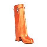Bright Color Wide Fit Large Size 48 Women Square Toe Overlay Shoes Lady Lock Shark Booties Chunky Heels Knee High Boots