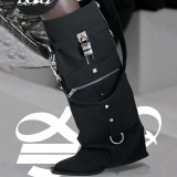 Cloth Overlay Knee High Pockets Pants Boots Women Wedge Heels Shoes Folded Over Upper Pointed toe Metal Shark Lock Booties