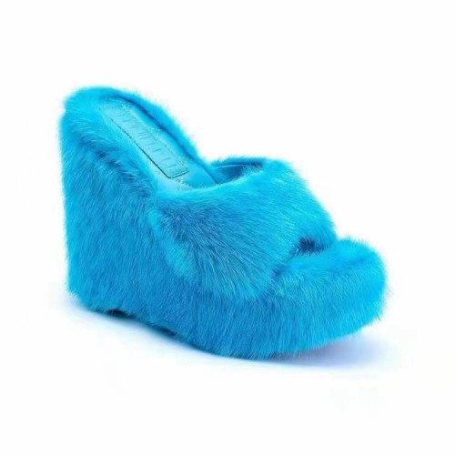 2022 Fall new European wedge heel women faux fashion fur slippers
