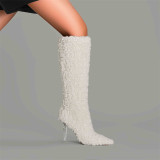 2023 Winter Fashion Round Toe Lamb Wool Uppers Catwalk Plus Size Brown Knee High Platform Women Chunky Heel Boots