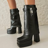 Women's Large Size 48 Overlay Ankle Booty Ladies Metal Shark Lock Folded Chunky Heels Shoes Short Platform Booties