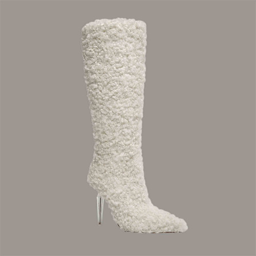 2023 Winter Fashion Round Toe Lamb Wool Uppers Catwalk Plus Size Brown Knee High Platform Women Chunky Heel Boots