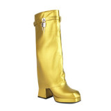 Bright Color Wide Fit Large Size 48 Women Square Toe Overlay Shoes Lady Lock Shark Booties Chunky Heels Knee High Boots