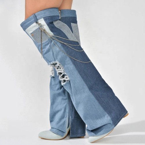 Chain Decor Women Denim Overlay Over Knee High Boots Ladies High Chunky Heels Shoes Patchwork Jeans Pants Long Booties