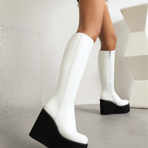 Support ODM/OEM drop shipping plus size round toe knee high zip ladies thick sole platform women wedges boots