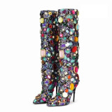 Newest Women Multi Color Glitter High Heels Boots Ladies Pointed Toe Side Zipper Shoes