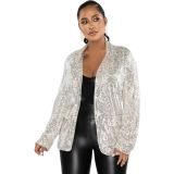 Women Casual Open Front Long Puff Sleeve Sequin Jackets Cardigan Glitter Christmas Party Short Coats Crop Blazer