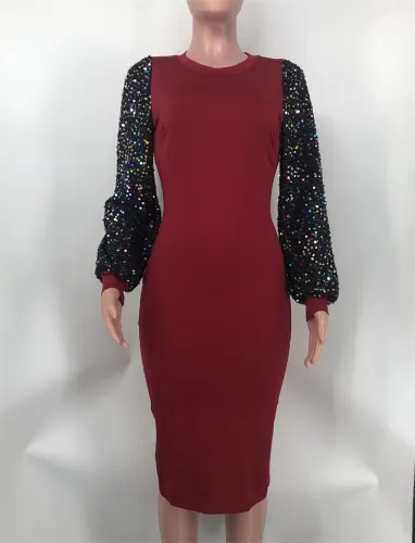 fall autumn 2023 new women puff sequin long sleeve long back split dress casual fall 2023 ladies women outfit clothes for women