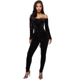 2023 fall winter new arrivals luxury women lady skinny bodycon velour velvet long pants jumpsuit romper women bodysuit for women