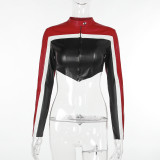 X05364L Contrasting biker-style cropped crop top leather coat for women fall new clothes