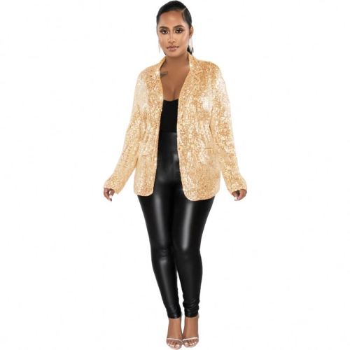Women Casual Open Front Long Puff Sleeve Sequin Jackets Cardigan Glitter Christmas Party Short Coats Crop Blazer