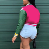 X05365L Simple color-block truncated embroidered print leather sleeves baseball jacket