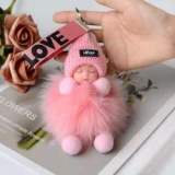 Hot Selling Kawaii Sleeping Baby Doll Keychain Plush Doll Rabbit Fur Keychain Handbag Pendant Christmas Gifts Plush Keychain