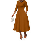 fall 2023 plus size women ladies elegant maxi casual modest knit U neck white A line dress women clothes for plus size women