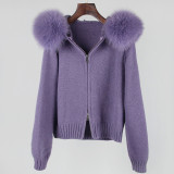 New Autumn Winter Casual Hooded Real Fox Fur Collar Fashion Knit Top with Fur Coat for Women