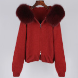 New Autumn Winter Casual Hooded Real Fox Fur Collar Fashion Knit Top with Fur Coat for Women