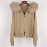 New Autumn Winter Casual Hooded Real Fox Fur Collar Fashion Knit Top with Fur Coat for Women