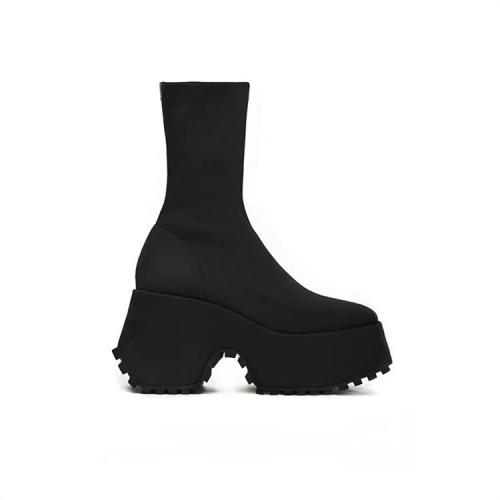 PDEP 2023  Fly Platform Boots Women shoes Vintage black Block chunky  High Heel Gradient Muffin stretchy fabric Socks Boots