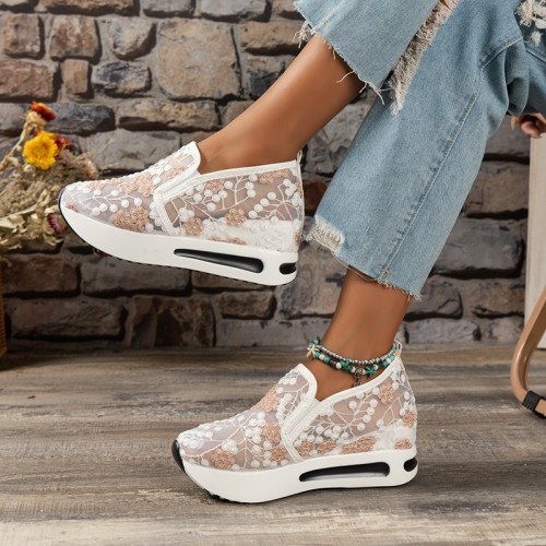 2023 Large New Mesh Single lace up Shoes Round Toe Matsuke Thick Sole Casual Shoes Embroidered Small Fresh Fit Women's Shoes